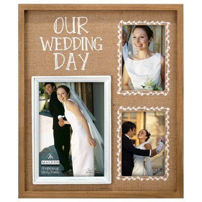 a wedding photo frame with two pictures and the words our wedding day on it's side