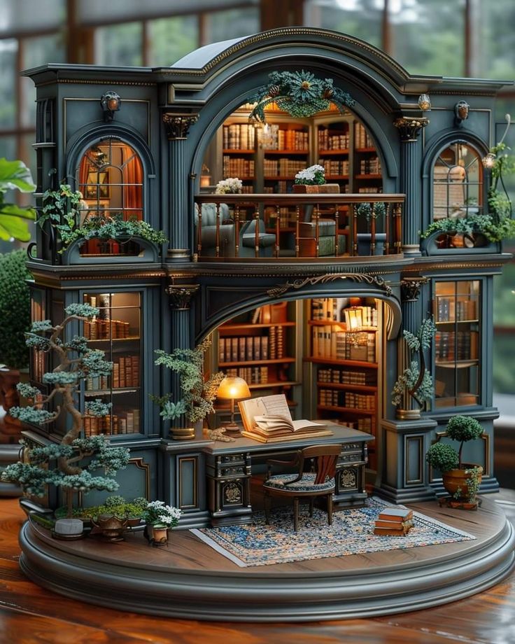 a doll house with lots of books and plants