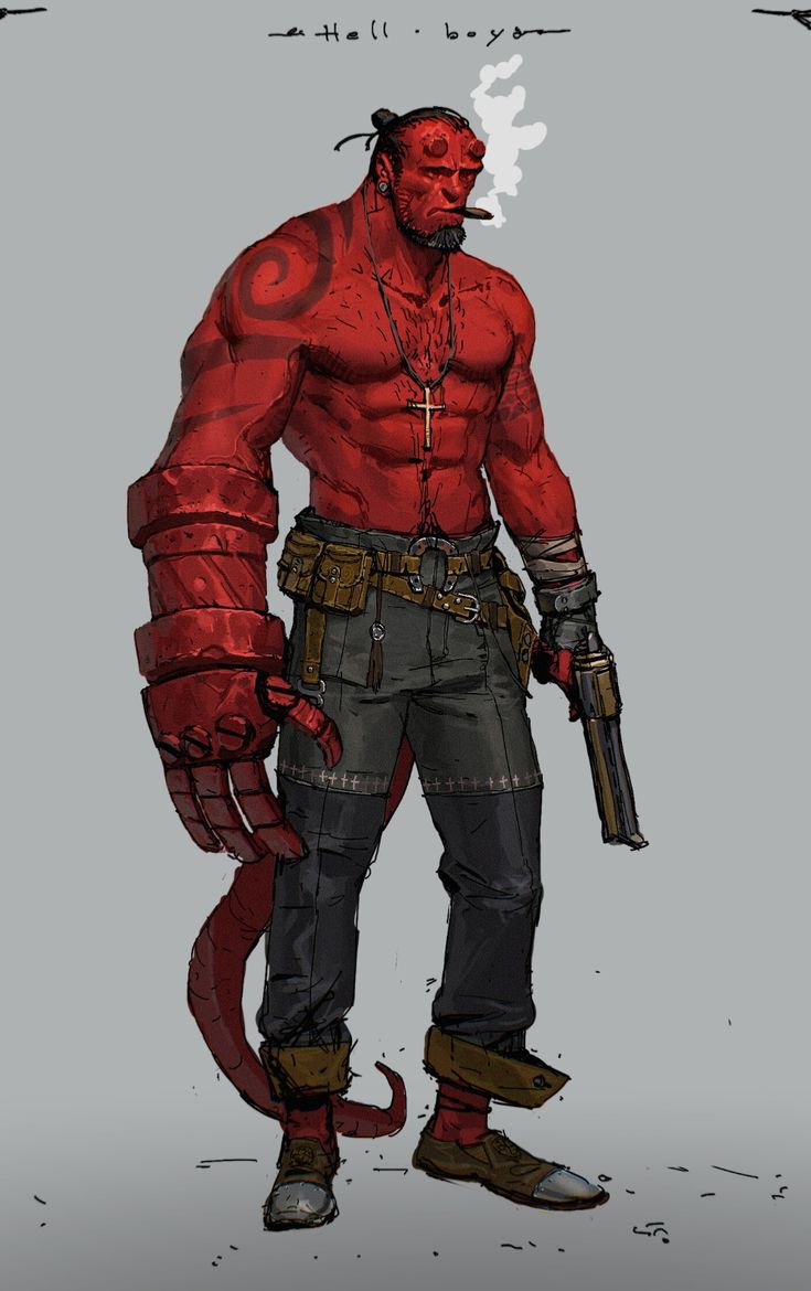 Comic Character Ideas, Hellboy Redesign, Hellboy Comic Art, Hellboy Concept Art, Hellboy Samaritan, Hellboy Drawing, Hellboy Fanart, Hellboy Comic, Hell Boy