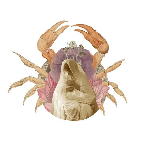 a woman sitting in a chair with two crabs around her