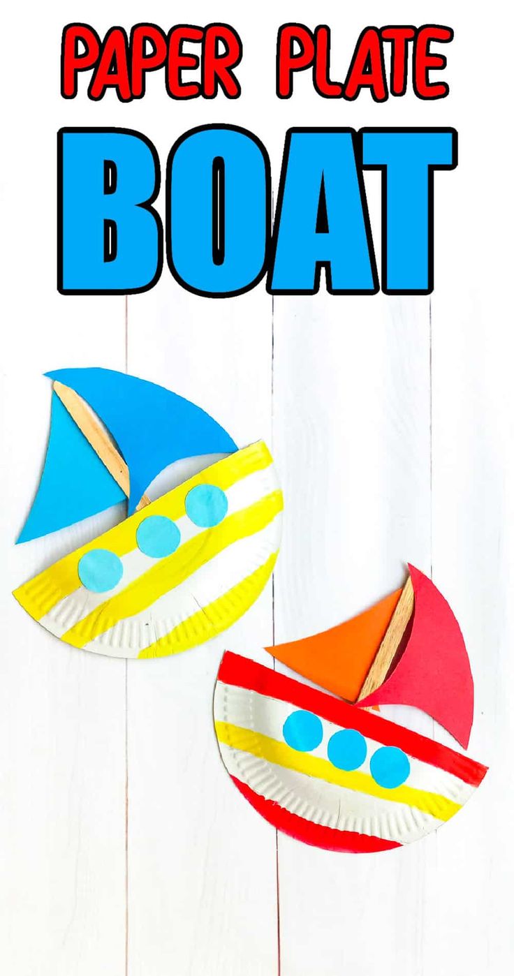 paper plate boat craft for kids with text overlay that reads, paper plate boat