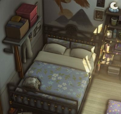 an animated bedroom with a bed and desk