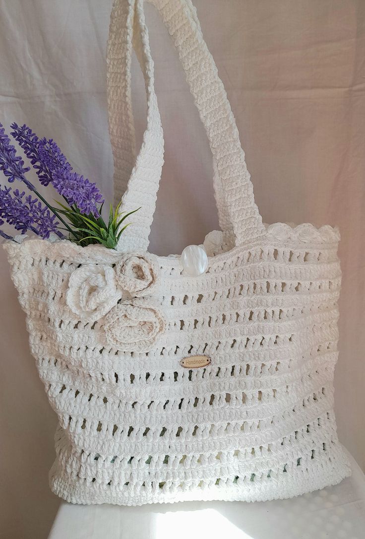 Handbag knitted from strong polyester cords. Both sides are knitted equally. Casual White Crochet Rectangular Bag, Casual White Rectangular Crochet Bag, Rectangular White Crochet Bag For Vacation, White Rectangular Shoulder Bag With Braided Handles, White Rectangular Crochet Bag For Beach, White Rectangular Straw Bag With Handles, White Shopping Bag With Braided Handles, White Woven Shoulder Bag For Daily Use, Daily Use White Woven Straw Bag