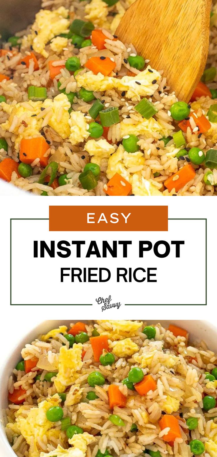 an easy instant pot fried rice recipe with carrots and peas in it is ready to be eaten