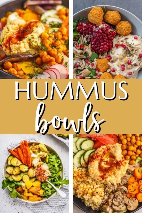 hummus bowls with different types of vegetables and meats in them, including broccoli, carrots, cauliflower, cucumbers, radishes