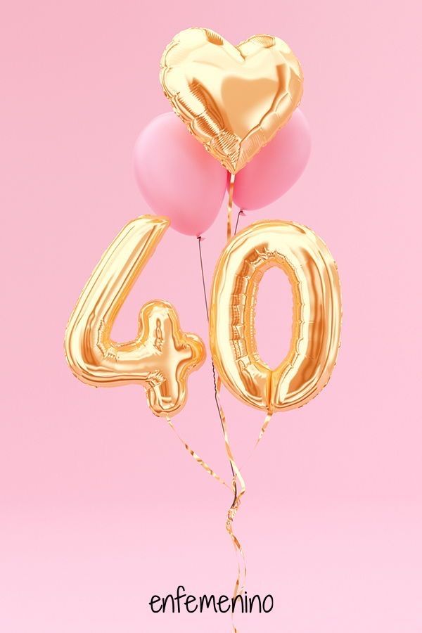 balloons in the shape of numbers 40 and forty on a pink background with gold foil