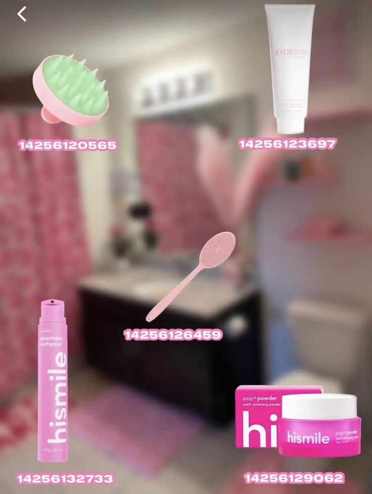 the bathroom is decorated with pink and white decor, including toothbrushes, soaps, and other items