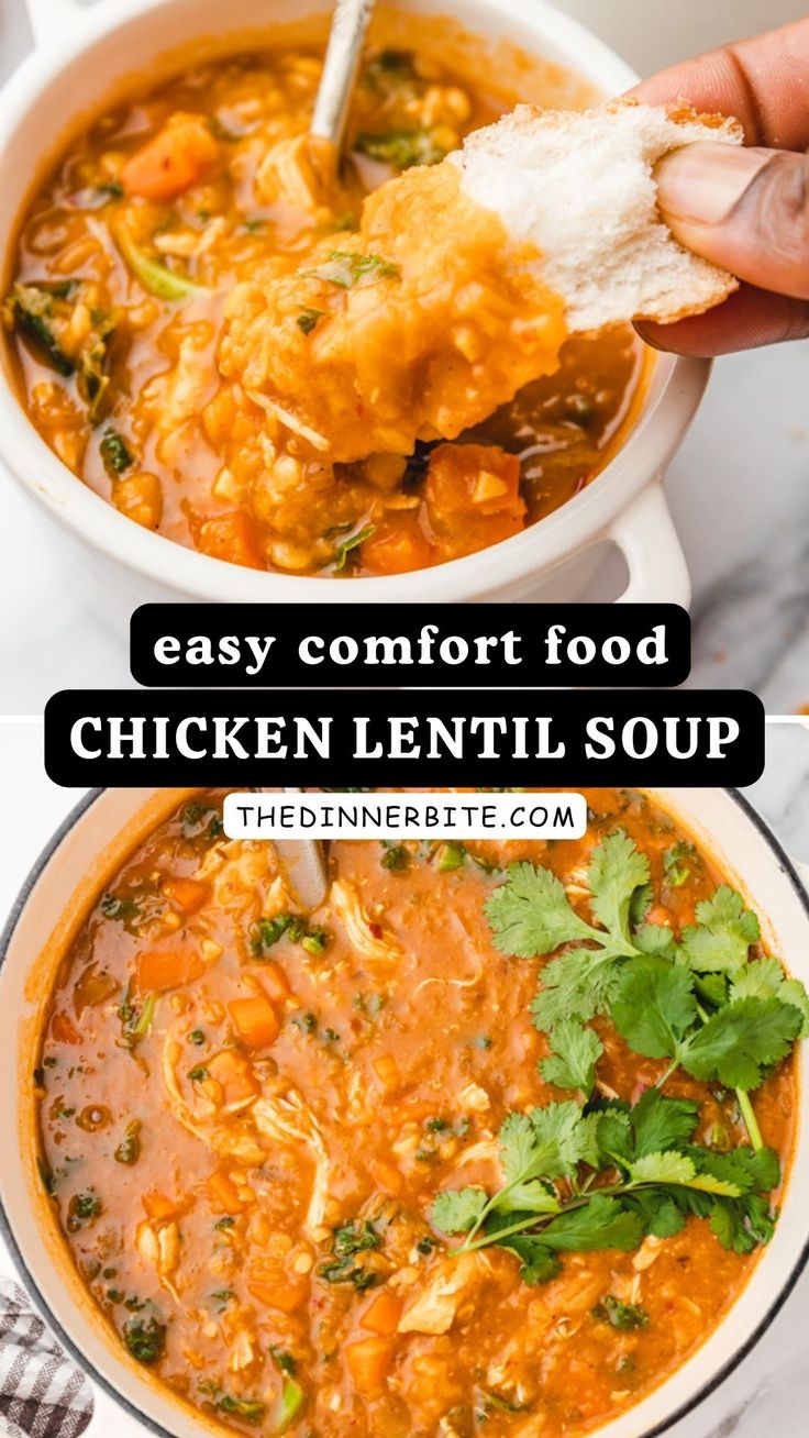 chicken lentil soup in a white bowl with a hand holding a piece of bread