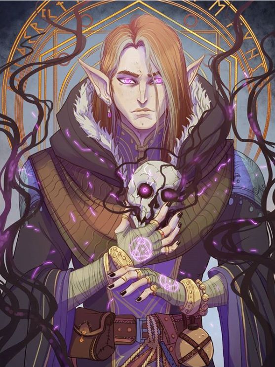 an image of a man holding a skull in his hands with purple eyes and hair