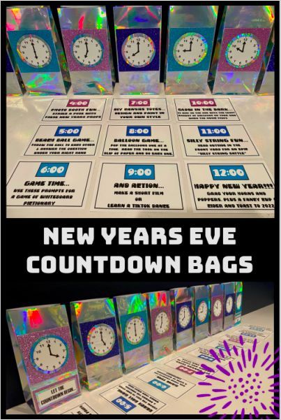 new year's eve countdown bags are on display in front of an assortment of clocks