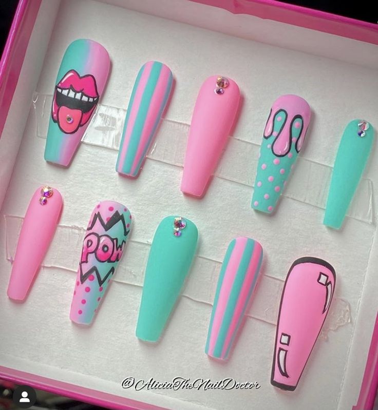 Pop Art Nails, Diy Acrylic Nails, Drip Nails, Edgy Nails, Glow Nails, Long Acrylic Nails Coffin, Summer Acrylic Nails, Pink Acrylic Nails, Coffin Nails Designs