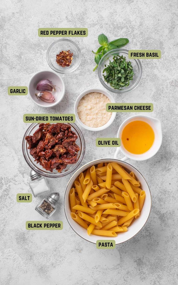 the ingredients to make this pasta dish are shown in bowls