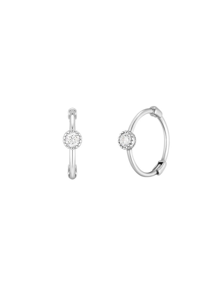 Editor's NotesJ.ESTINA presents feminine and sophisticated accessories that accentuate your daily outfits.- Hoop earrings- Single cubic embellished on the side- Made of 585 white gold- Smooth and glossy surface- One-touch clasp- Feminine and sophisticated mood Measurements(in.)One Size- Width: 0.11 in.- Diameter: 0.41 in. Composition & Care- Material: 585 White Gold- Plated products may discolor over time due to their nature.- Please be careful that discoloration may proc Silver Classic Huggie Earrings With Halo Design, Classic Silver Small Hoop Diamond Earrings, Diamond White Sterling Silver Huggie Earrings With Halo Design, Classic White Hoop Earrings With Halo Design, Classic White Gold Hoop Earrings With Halo Design, Classic Sterling Silver Huggie Earrings With Halo Design, Sterling Silver Halo Hoop Earrings, Silver Hoop Earrings With Halo Design, Small Hoop White Gold Jewelry With Halo Design