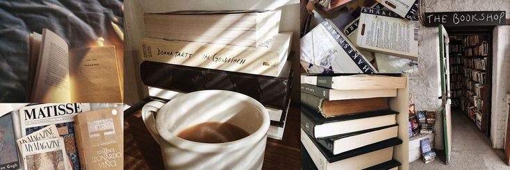 a coffee cup sitting on top of a stack of books next to a book shelf