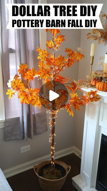 a potted tree with fall leaves on it and the words dollar tree diy pottery barn fall diy