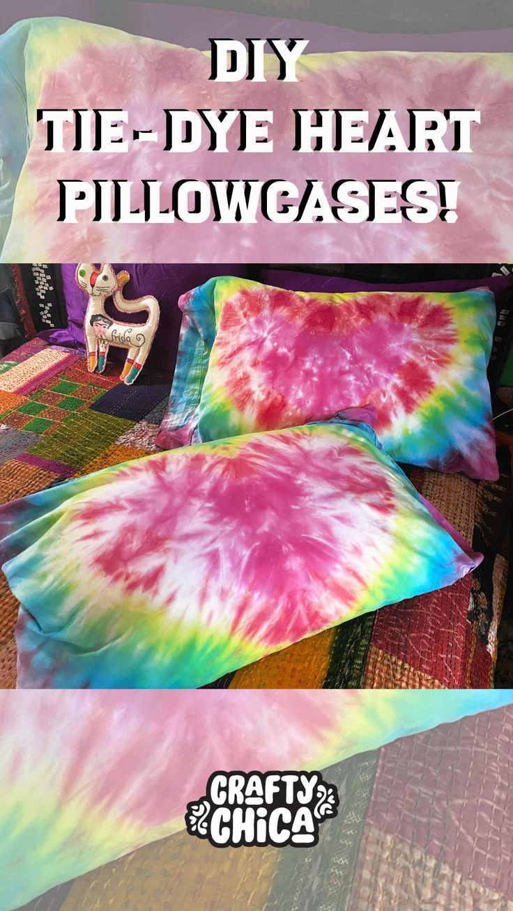 a bed with tie - dye heart pillows on it and the words crafty chica