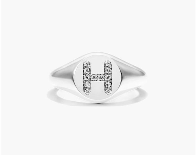 14K White Gold Diamond H Initial Signet Ring. This timeless ring will dazzle all who see it. Perfect for any age and occasion, this ring makes the perfect individualized gift! Classic White Gold Initial Diamond Ring, Classic White Gold Diamond Initial Ring, White Gold Diamond Initial Ring With Round Band, Luxury 14k White Gold Signet Ring, Luxury White Gold Initial Ring With Diamond Accents, Classic White Gold Initial Ring With Diamond Accents, Sterling Silver Signet Ring With Brilliant Cut, Sterling Silver Signet Ring With Diamond Accents, White Round Cut Signet Ring In Fine Jewelry