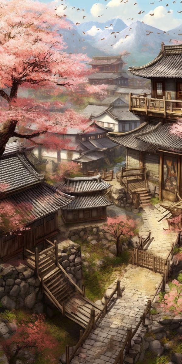 Japanese Ninja Art, Japanese Fantasy Art, Fantasy Art Landscape, Chinese Countryside, Japan Village, Gokayama, Medieval Japanese, Medieval Japan, Japanese Background