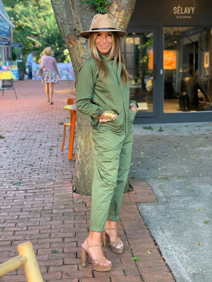 Army Green Long Sleeve Jumpsuit  98% BCI Cotton, 2% Spandex Slightly cropped leg Adjustable tabs at the waist Pave Ear Cuff, Jennifer Miller, Triple Layer Necklace, Alex Mill, Charm Choker Necklace, Medium Hoop Earrings, Bar Pendant Necklace, Rainbow Beads, Diamond Bar