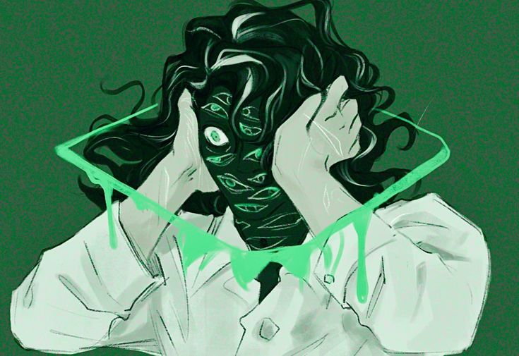 a drawing of a woman with her hands on her head and green lines around her face