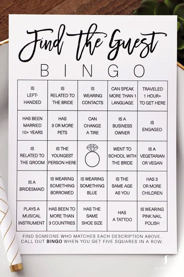 a printable wedding game with the words, find the guest and ring on it