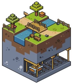 an old pixel style house with a pond and fence on the roof royalty - art illustration