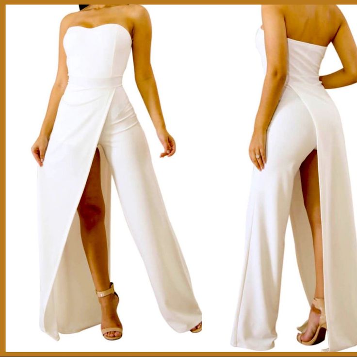 Never Worn, No Rips Or Hole. Stretch Fit Jumpsuit With One Open Leg . Wide Bell Leg , Sweetheart Neckline , No Closure. Great Design Suitable For All Occasions And Parties. Easy To Accessorize And Fashionable To Wear. White Fitted Strapless Jumpsuit For Date Night, Chic Fitted Split Jumpsuits And Rompers, Fitted Split Jumpsuits And Rompers For Party, Fitted Jumpsuits And Rompers With Split For Party, White Strapless Jumpsuit For Date Night, White Strapless Jumpsuits And Rompers For Date Night, Fitted Jumpsuit, No Closure, Strapless Jumpsuit