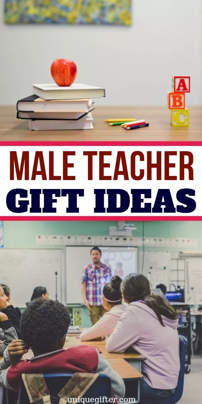 two pictures with the words male teacher gift ideas in front of them and an apple on top