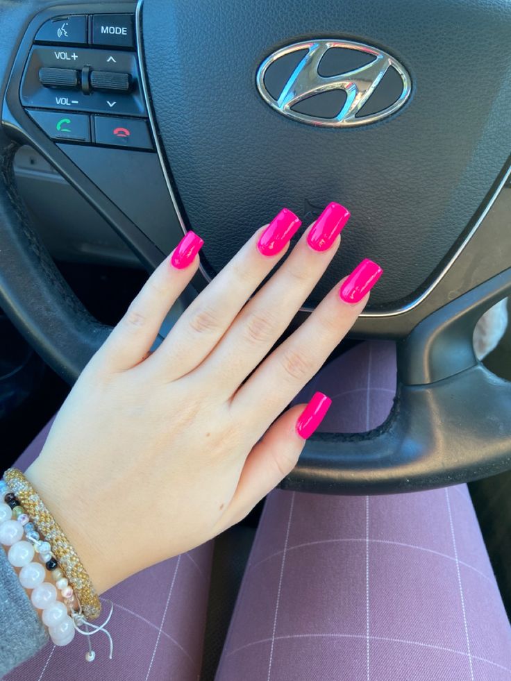 need inspo for your next nail appointment this spring and summer? try these hot pink nails!! Hot Pink Nails Medium Length, Pink Monochromatic Nails, Square Nails Hot Pink, Bright Nail Color Ideas, Coffin Hot Pink Nails, Square Hot Pink Nails, Hot Pink Square Acrylic Nails, Nail Inspo Hot Pink, Hot Pink Birthday Nails