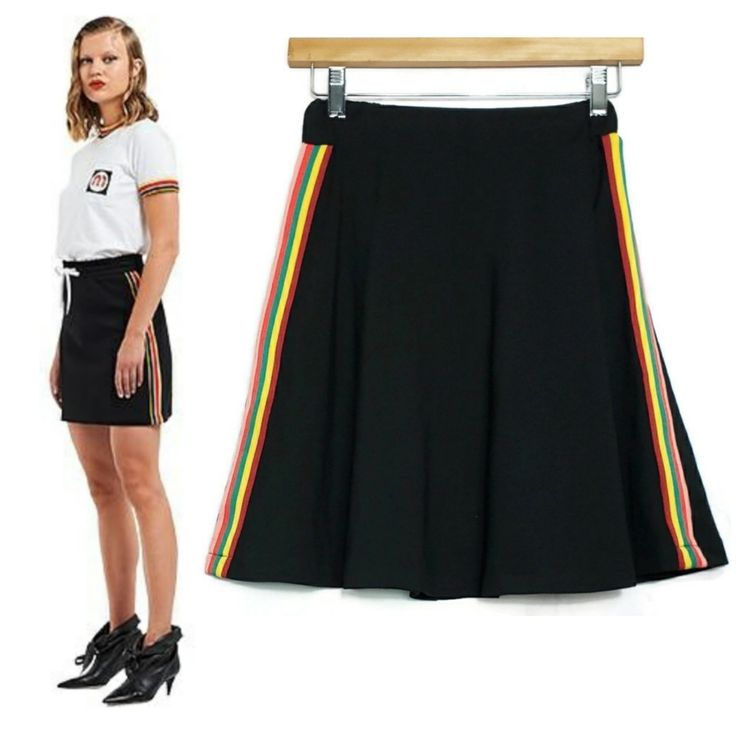 Florencia Skater Skirt With Rainbow Side Stripe Taping Womens Size Medium Elastic Stretch Waist Color Black With Red Yellow Green Orange Pink Striped Taping Applique Made In Italy Polyester Elastane Stretch New Without Tags Never Worn Please See Photos For More Details, And Feel Free To Ask Any Questions. Trendy Vsco Rave Festival Club Streetwear Black Casual Skirt For Fall, Casual Black Skirt For Fall, Casual Black Winter Skirt, Relaxed Skirt With Striped Hem, Retro Black Flared Skirt, Black Spring Bottoms With Striped Hem, Black Bottoms With Striped Hem For Spring, Spring Black Bottoms With Striped Hem, Casual Black Knee-length Mini Skirt