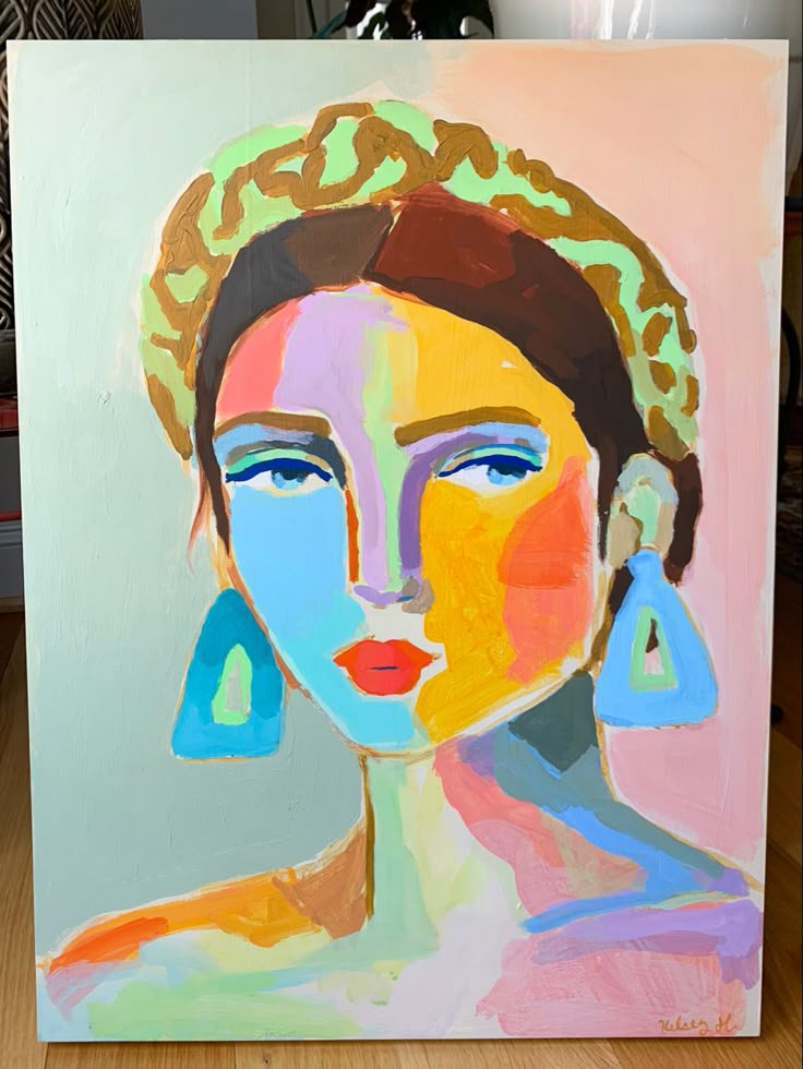 a painting of a woman's face with earrings on her head, in pastel colors