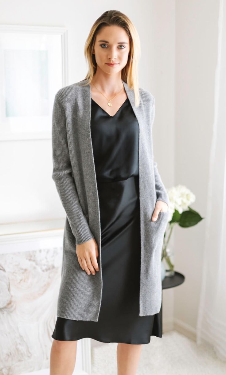 A luxurious full-length open cardigan that'll keep you warm and cozy in the office, at home or on the plane. Elegant and versatile, you'll never want to take it off.  - Full-length coverage. Hits just above the knee.  - Sleek seamless design with double pockets. - Perfect for travel or chilly outdoors.   100% LUXURY CASHMERE Uniqlo Style, Knee Length Cardigan, Satin Pjs, Glasses Makeup, On The Plane, Cashmere Wrap, Wrap Coat, Luxury Silk, Wrap Cardigan