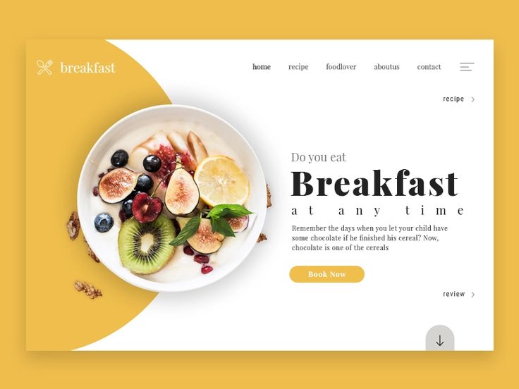 the breakfast landing page is displayed on a yellow and white background with an image of fruit