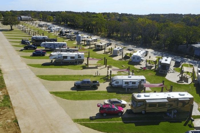 an aerial view of rv park with parked cars and motorhomes in the background