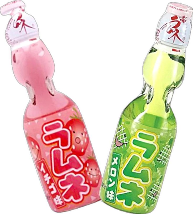 two bottles of soda are shown side by side, one is pink and the other is green