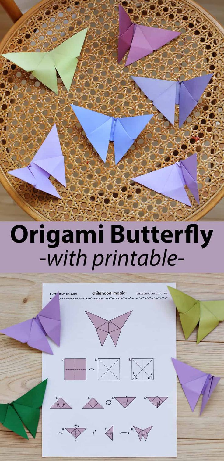 an origami butterfly with printable instructions on the bottom and in the middle