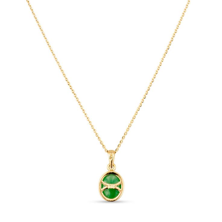 Add a dollop of rich, gorgeous green to your favorite chain with our beautiful jade oval cabochon pendant, a unique stone known to attract love, luck, and fortune. A smooth, brightly polished bezel frames the jade bringing out its saturated shade. A tapered bail on the top creates length to this modern jade pendant, allowing it to sit gracefully on any chain. Jade: Medium Green Size: 8.6mm x 11mm Thickness:4.5mm Gold: 18K yellow gold/ Handmade Luxury Oval Jade Necklaces, Elegant Jade Cabochon Necklace, Luxury Green Oval Necklace, Oval Jade Cabochon Necklaces, Oval Jade Necklaces With Hallmark, Oval Jade Cabochon Necklace, Hallmarked Oval Jade Necklaces, Yellow Gold Chrysoprase Jewelry With Cabochon, Jade Cabochon Oval Pendant Necklace