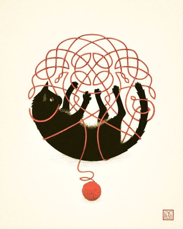 a drawing of a cat playing with a ball of yarn on top of its head