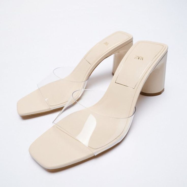 Good Condition--See Photos White Closed Toe Jelly Sandals For Summer, Beige Open Toe Jelly Sandals For Spring, Beige Jelly Sandals For Spring, White High Heel Sandals With Clear Strap, White Synthetic Sandals With Clear Strap, Summer Cream Open Heel Shoes, Summer Cream Open Toe Heels, Cream Open Heel Summer Heels, Cream Open Toe Heels For Summer