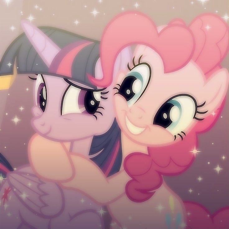 two pinkie ponies hugging each other in front of stars