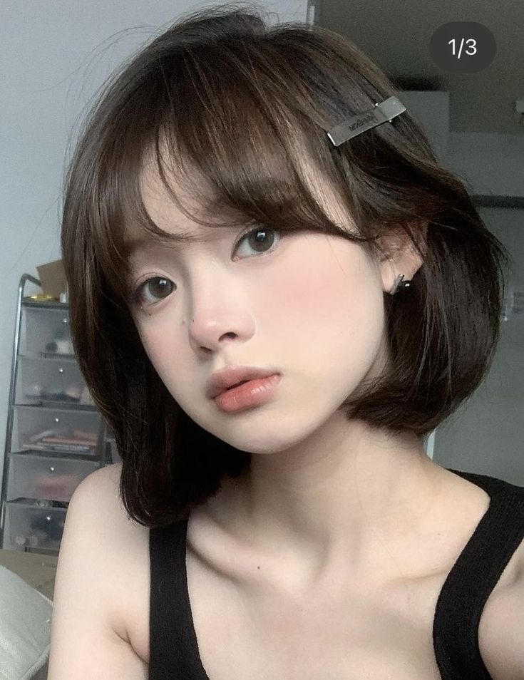 Short Bob Hairstyles Curtain Bangs, Short Bob With Bangs Thick Hair, Cute Shoulder Length Hairstyles With Bangs, Asians With Short Hair, Korean Haircut For Heart Shaped Face, Short Hair With Bangs Oval Face, Hime Bangs Short Hair, Cute Short Hairstyles For Short Hair, Short Hair With Full Bangs