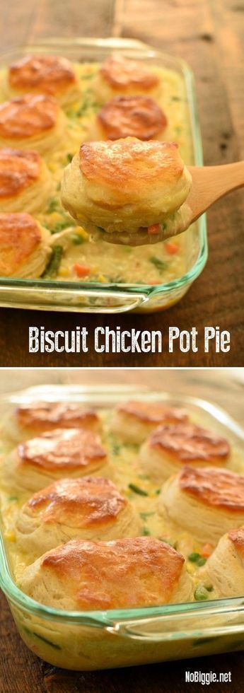 two pictures showing how to make biscuit chicken pot pie in a casserole dish