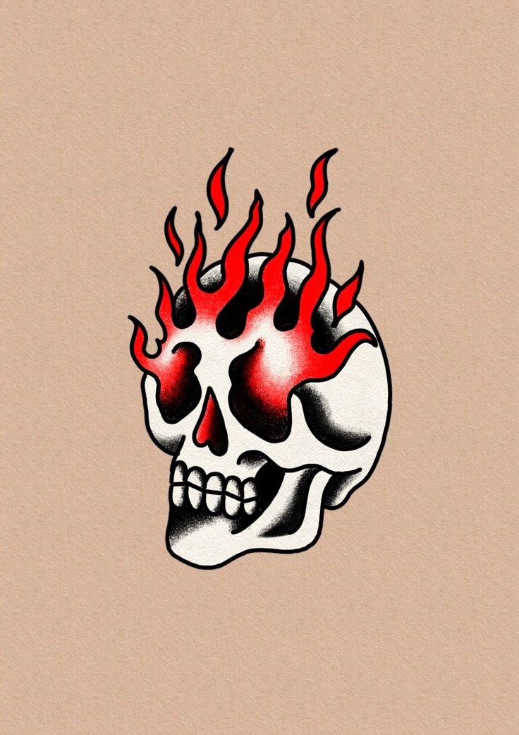 a drawing of a skull with flames coming out of it