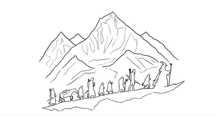 a line drawing of people standing on top of a hill with mountains in the background