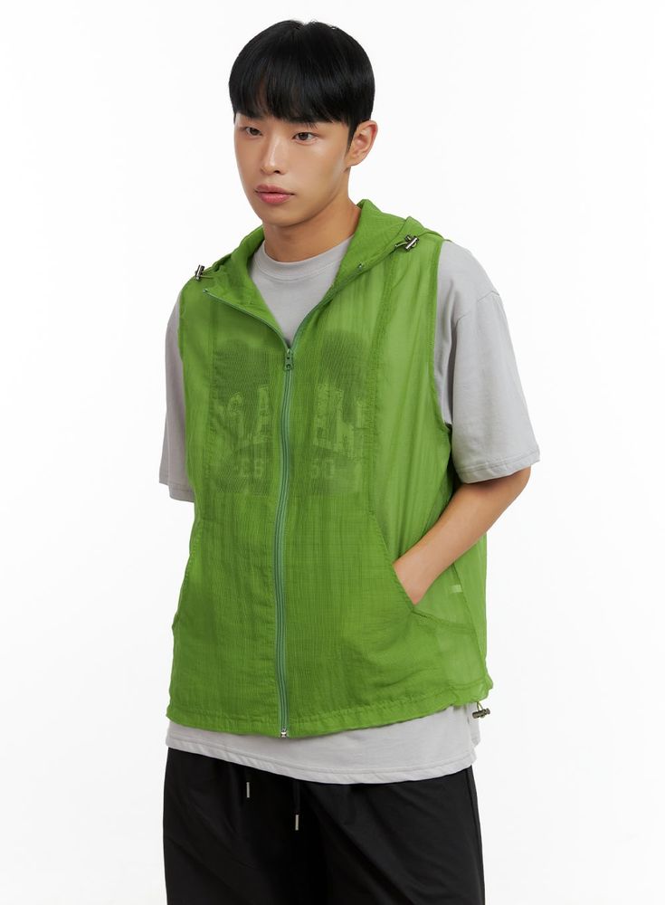 Product Detail Style : Street Occasion : Back to school Type : Men Detail : Zip up, Hood Print : Solid Material : Nylon Sleeve : Sleeveless Neck : Hood Nylon100 Color : Black, Dark gray, Light blue, Green, Gray, White Made in Korea Model Size Model is wearing size M/L and the color Green. Height : 5'9" | 176cm / Top : M / Bottom : L (30 inch) .prddescription table, .prddescription td, .prddescription th { border : 1px solid black; border-collapse : collapse; padding: 10px; } Size(Inch) Size Shou Low Rise Jeans Bootcut, Festival Trends, Hoodie For Men, Hooded Vest, Light Blue Green, Gray Light, Low Rise Jeans, Korean Street Fashion, Print Hoodie