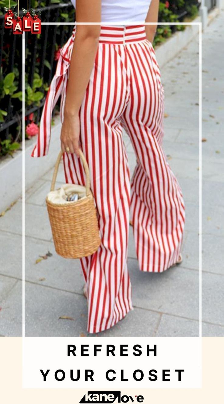 Stripe Knot Wide Leg Pants Chic Striped Wide Leg Pants For Beach, Chic Striped Wide Leg Pants For Vacation, Striped Wide Leg Pants For Day Out, Striped Pants With Pockets For Day Out, Chic Cotton Pants For Beach, Wide Leg Striped Pants For Day Out, Trendy Wide Leg Beach Pants, Chic Striped Bottoms For Beach, Chic Striped Bottoms For Vacation