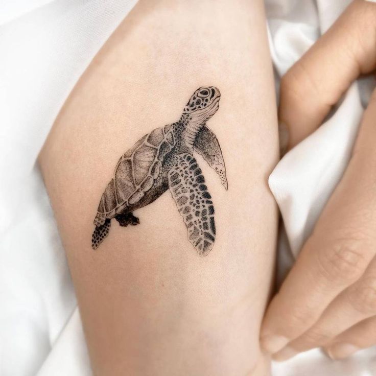 a woman's arm with a small turtle tattoo on it