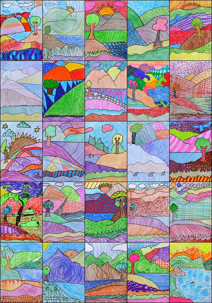 an art work with many different colors and patterns on it, including mountains, trees, and