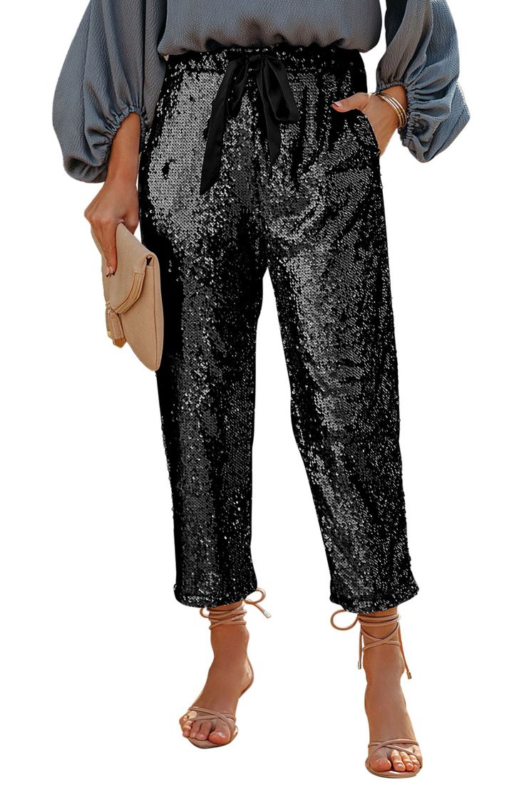 Black Pocketed Sequin Crop Pants Sequin Pants, Lady Style, Spaghetti Strap Maxi Dress, Chambray Dress, Crop Pants, Mini Shift Dress, Maxi Dress With Sleeves, Bottom Clothes, Drawstring Waistband