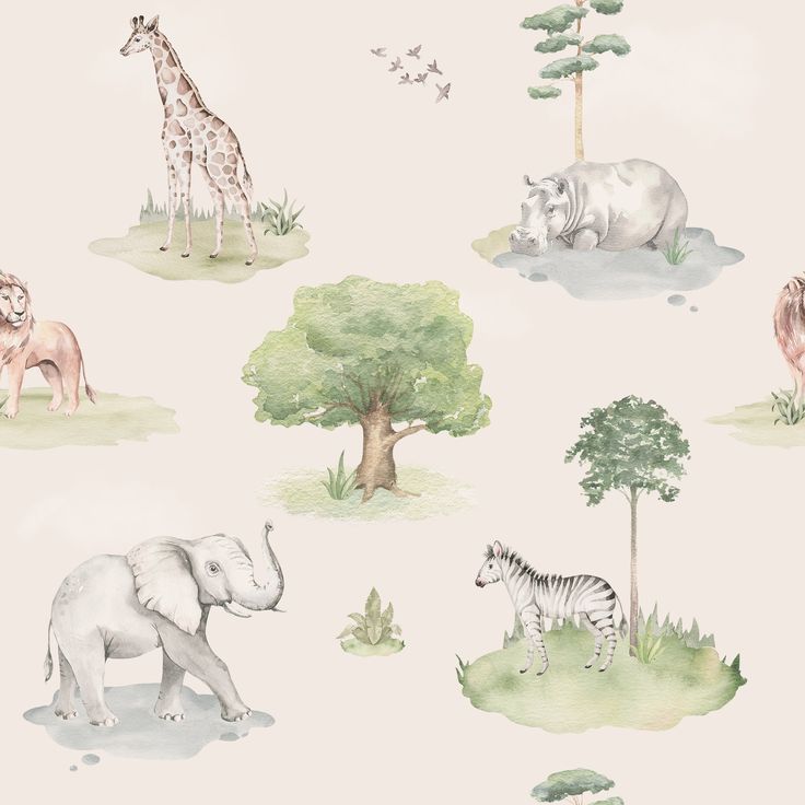 an elephant, giraffe, zebra and other animals are depicted in this wallpaper